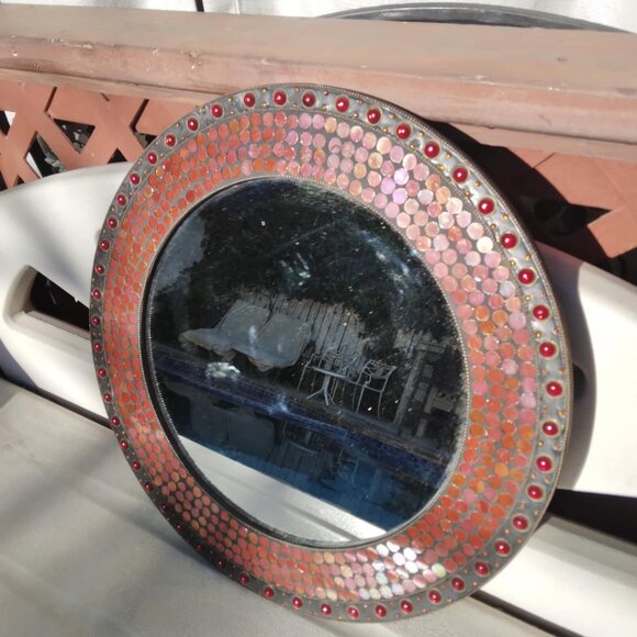 Stunning Round Red/Orange Glass Domes/Dots Mosaic Inlay Handcrafted Wall Mirror - Picture 3 of 16